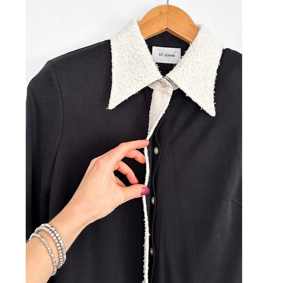 St. John Black White Silk Contrast Texture Collar Cuffs Button Down Top Blouse - Picture 2 of 9